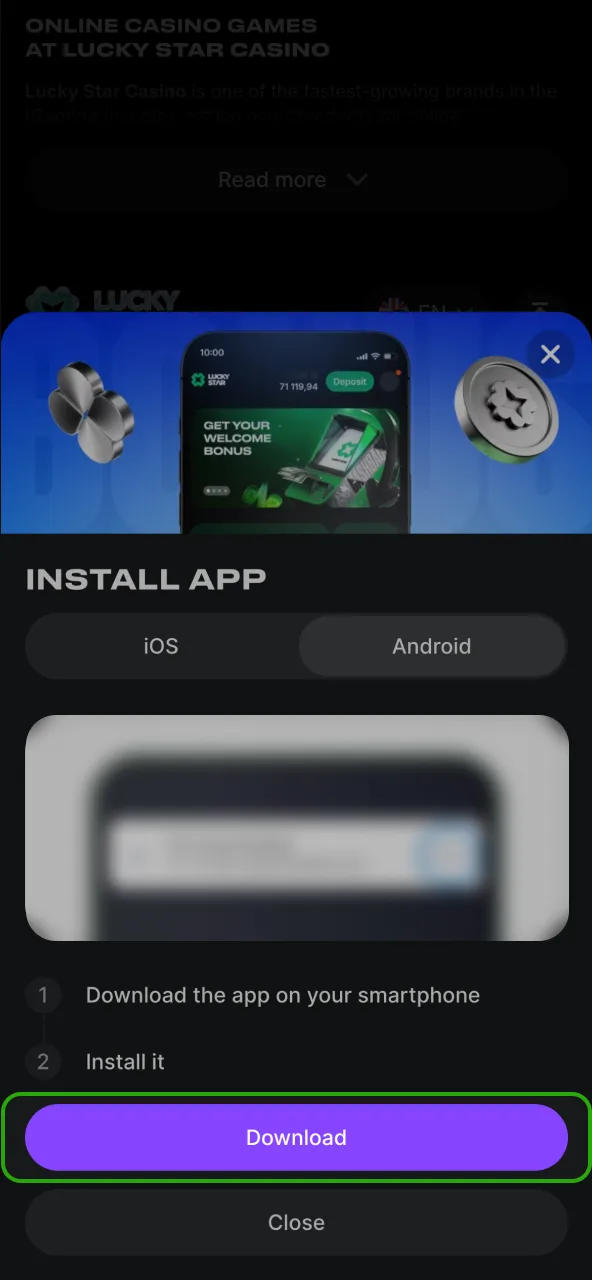 Find Android download section by scrolling Lucky Star site.