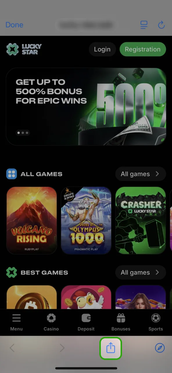 Press bottom Share icon on Lucky Star site.