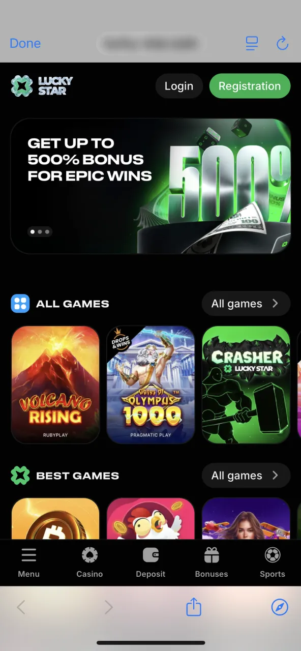 Visit Lucky Star through Safari on your device.