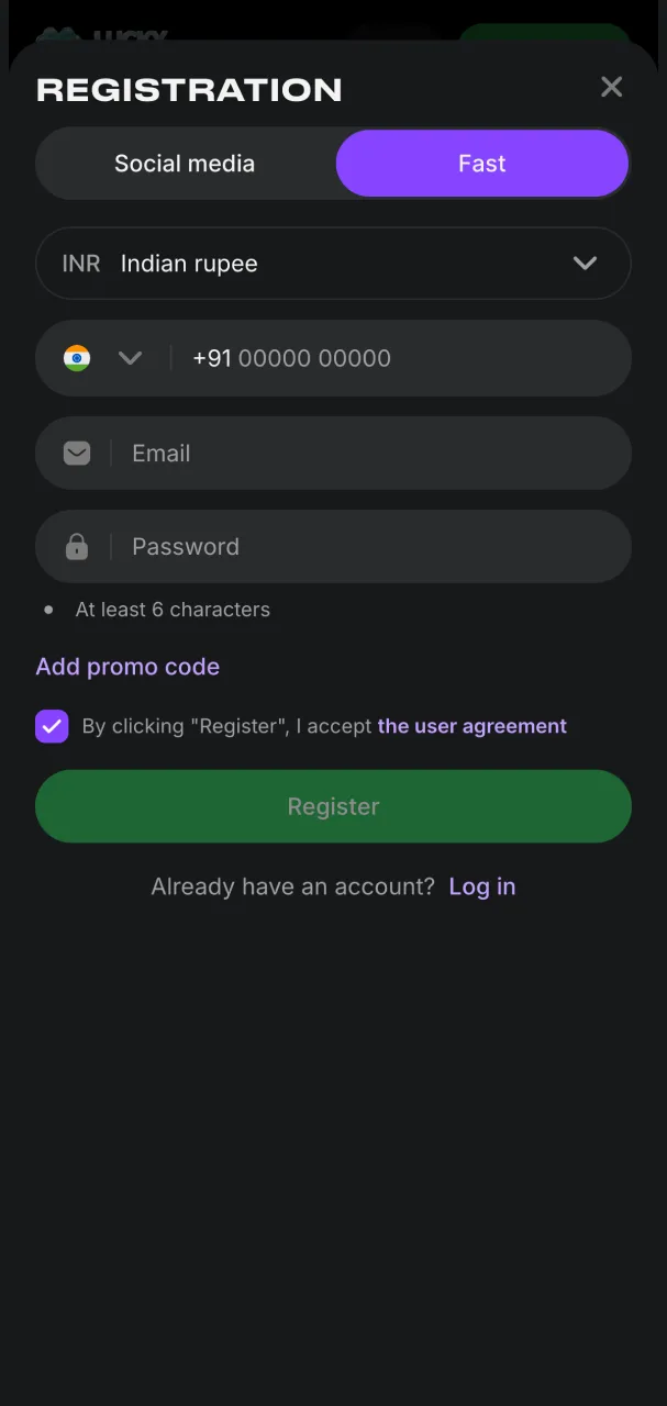 Lucky Star registration page for new account signup.