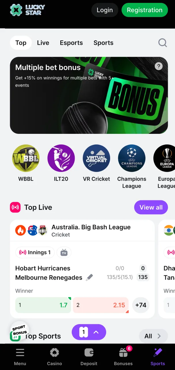 Sports events overview with betting options at Lucky Star.