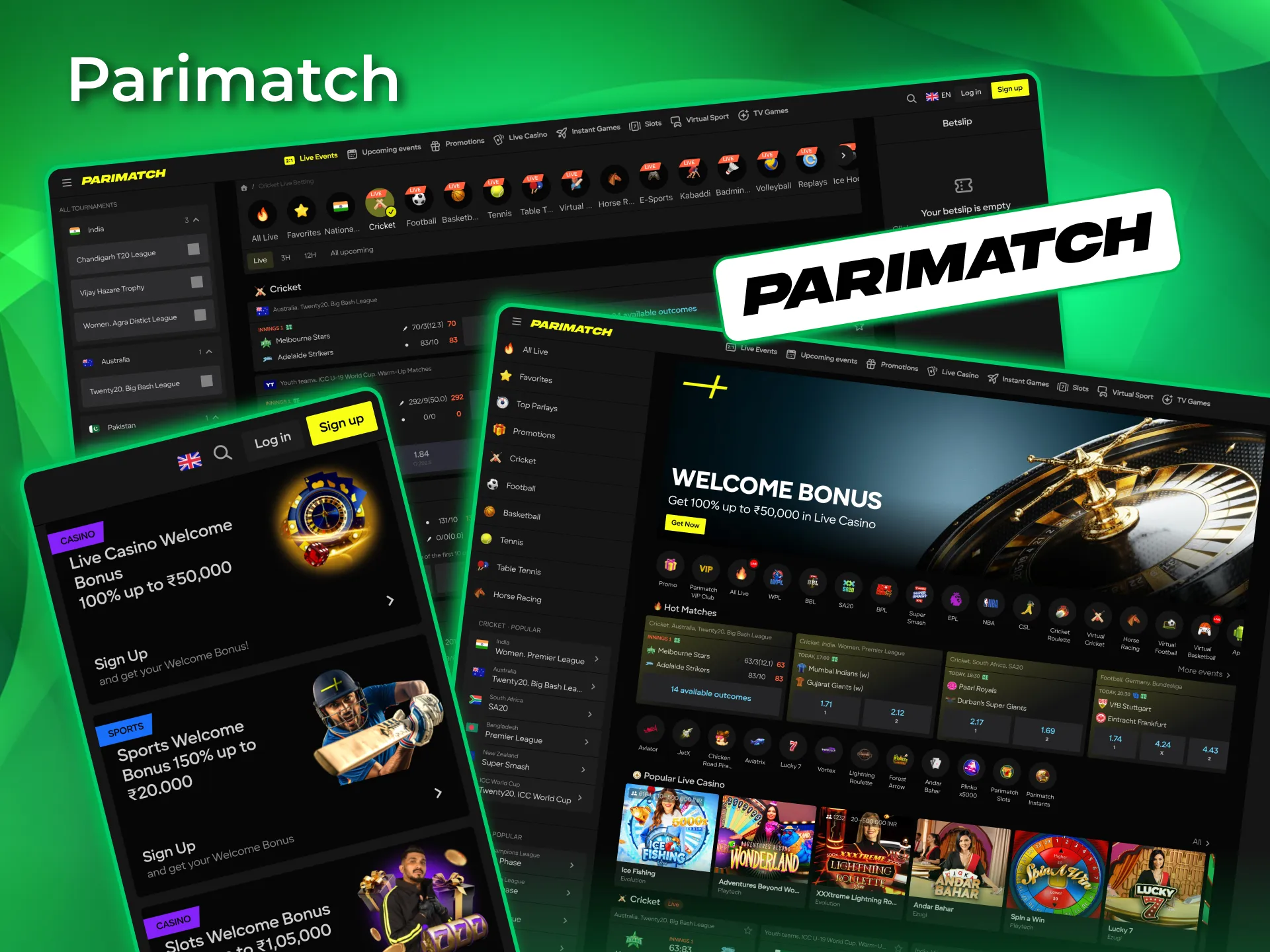 Parimatch offers betting, casino games, bonuses, and Indian payment support.