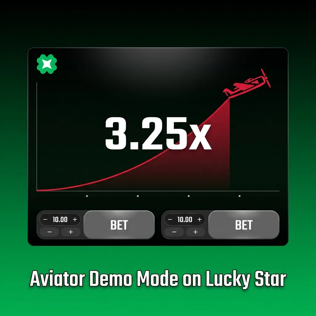 Screenshot of Aviator crash game demo mode on Lucky Star, showing virtual credits, plane animation and betting interface
