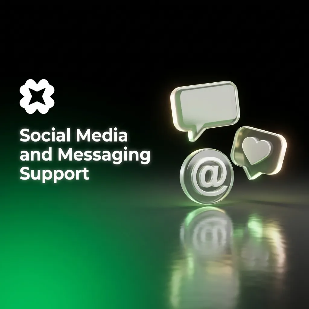 Smartphone displaying WhatsApp, Telegram, Messenger and X icons beside customer support chat bubbles