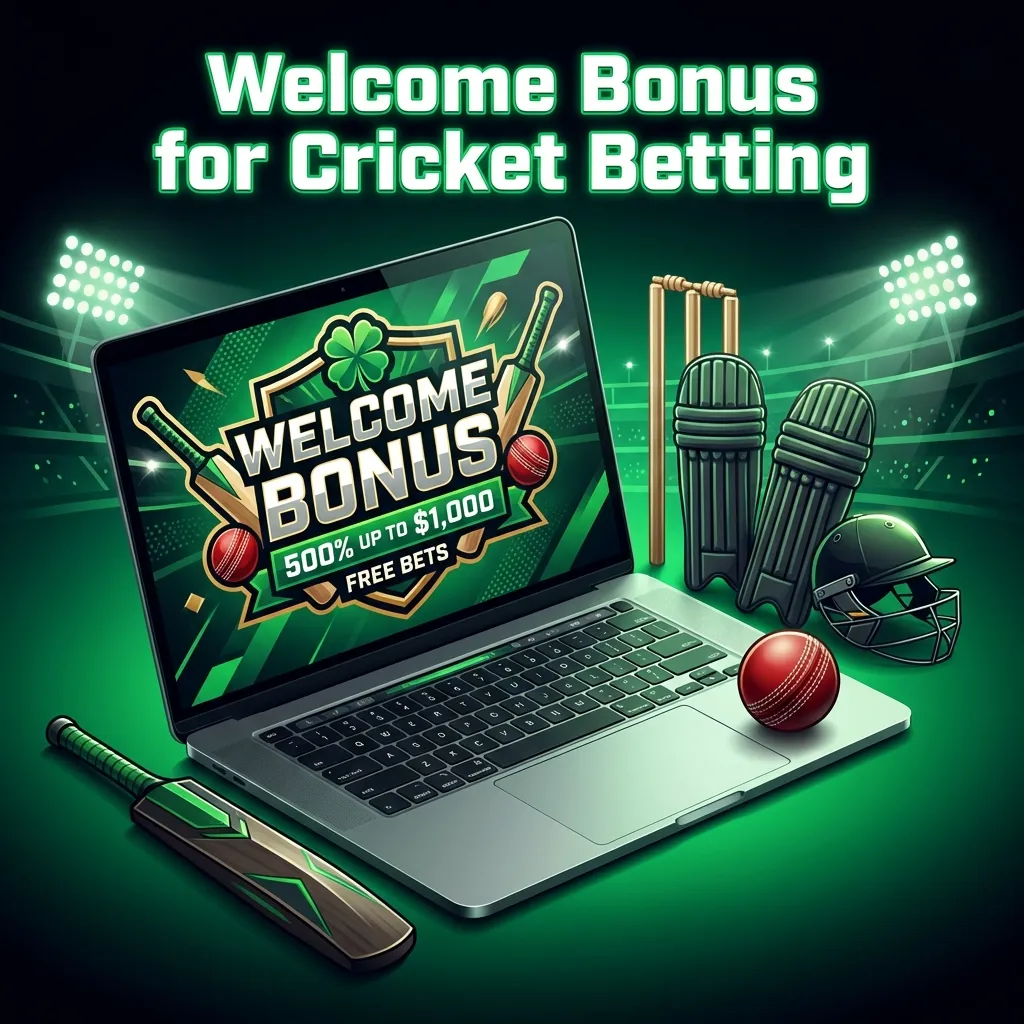 Banner showing “Cricket Welcome Bonus 500% up to 19,757 INR” with a cricket ball, stumps, and deposit icons