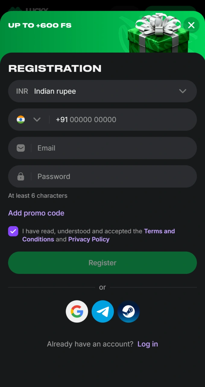 Fill in your details on the registration form to join the Lucky Star platform.